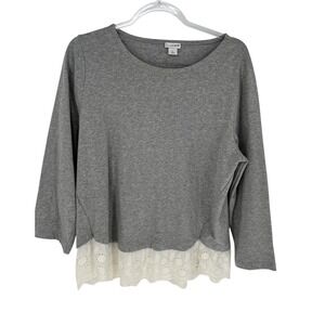 J by J Crew Womens L Cotton Eyelet Trim Hem Gray Top Long Sleeve Relaxed